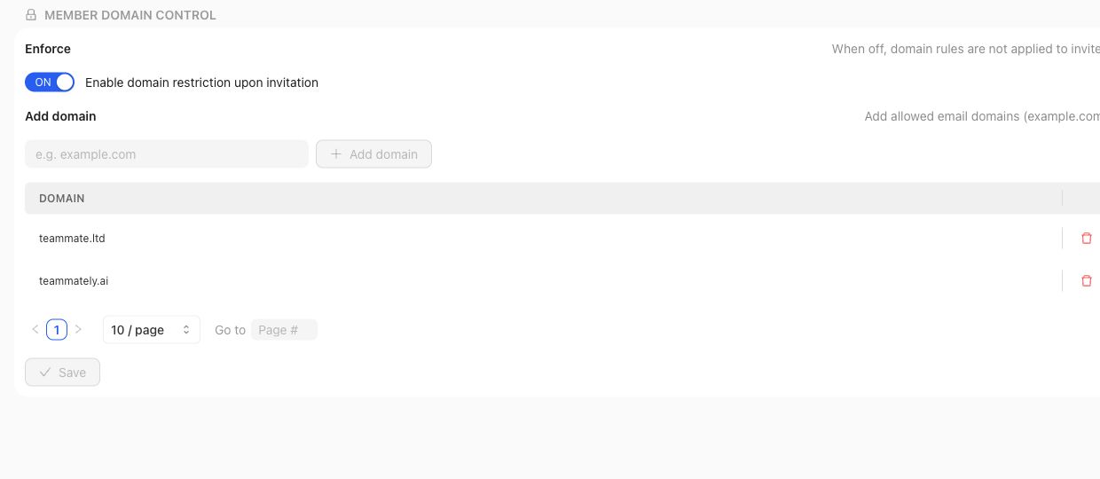 Domain Control screen with an enabled domain restriction setting and allowed company domain list.