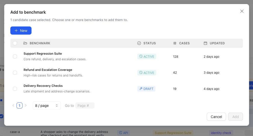 Add to benchmark dialog listing available Benchmarks, their status, Case count, and last-updated time.