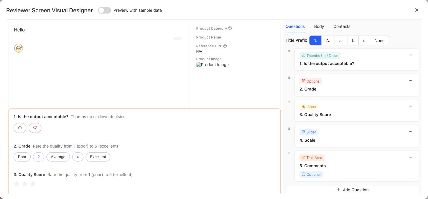 Review Screen visual designer with a Case preview and configurable question, body, and context panels.